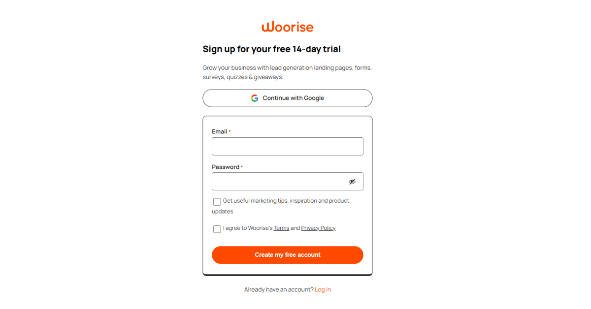 Woorise sign up form