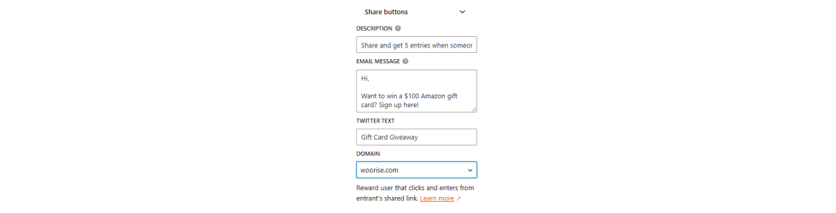 Woorise giveaway share button settings